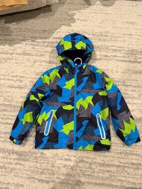 M2C Boys Hooded Rain Jacket Size 120 - Blue Green Geometric - Boys 6